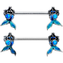 Load image into Gallery viewer, 14G 9/16 Blue Synthetic Opal Mermaid Tail Barbell Nipple Ring Set
