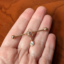 Load image into Gallery viewer, 14G Purple Gem Rose Gold Hue Cross Dangle Industrial Barbell 38mm
