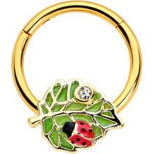 Load image into Gallery viewer, 16G 3/8 Clear Gem Gold Tone Leafy Ladybug Hinged Segment Ring
