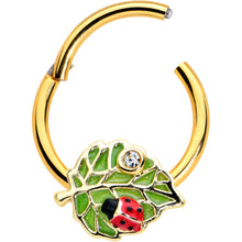Load image into Gallery viewer, 16G 3/8 Clear Gem Gold Tone Leafy Ladybug Hinged Segment Ring
