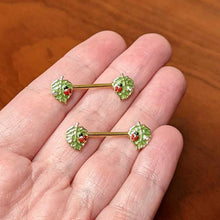 Load image into Gallery viewer, 14G 9/16 Clear Gem Gold Hue Leafy Ladybug Barbell Nipple Ring Set
