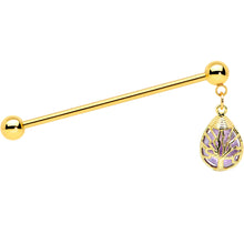 Load image into Gallery viewer, 14G Amethyst Gold Tone Drop Tree Dangle Industrial Barbell 38mm

