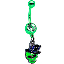 Load image into Gallery viewer, Clear Gem Green Top Hat Skull Halloween Dangle Belly Ring
