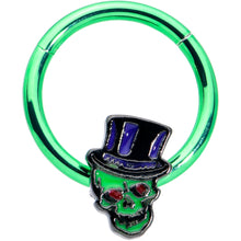 Load image into Gallery viewer, 16G 3/8 Green Top Hat Skull Halloween Hinged Segment Ring
