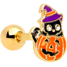 Load image into Gallery viewer, 16G 1/4 Gold Tone Pumpkin Black Cat Halloween Cartilage Tragus
