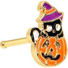 Load image into Gallery viewer, 20G 1/4 Gold Tone Pumpkin Black Cat Witch Halloween Nose Bone
