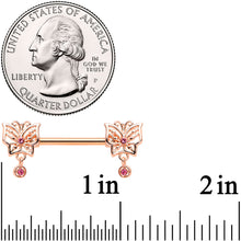 Load image into Gallery viewer, 14G 9/16 Pink CZ Gem Rose Gold Tone Butterfly Nipple Ring Set
