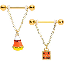 Load image into Gallery viewer, 14G 9/16 Gold Tone Candy Corn Halloween Dangle Nipple Ring Set

