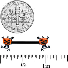 Load image into Gallery viewer, 14G 9/16 Black Dancing Skeleton Pumpkin Halloween Nipple Ring Set
