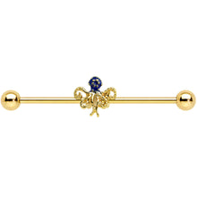 Load image into Gallery viewer, 14G Gold Tone Textured Blue Octopus Industrial Barbell 38mm
