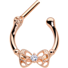 Load image into Gallery viewer, 16G 3/8 Clear CZ Gem Rose Gold Hue Openwork Bow Cartilage Clicker
