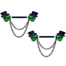 Load image into Gallery viewer, 14G Green Top Hat Skull Halloween Dangle Nipple Ring Set
