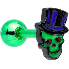Load image into Gallery viewer, 16G 1/4 Green Top Hat Skull Halloween Cartilage Tragus Earring
