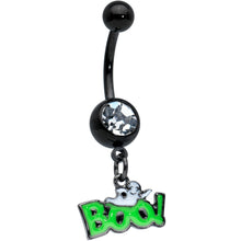 Load image into Gallery viewer, Clear Gem Black Green No2 Boo Ghost Halloween Dangle Belly Ring
