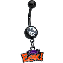 Load image into Gallery viewer, Clear Gem Black Eek Purple Spider Halloween Dangle Belly Ring
