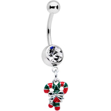 Load image into Gallery viewer, Clear Gem Pair of Candy Canes Christmas Dangle Belly Ring
