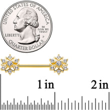 Load image into Gallery viewer, 14G 9/16 Clear Gem Gold Tone Flower Snowflake Christmas Nipple Ring Set
