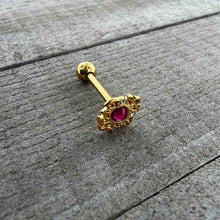 Load image into Gallery viewer, Pink Clear Gem Gold Tone Lace Love Barbell Tongue Ring
