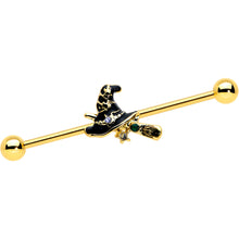 Load image into Gallery viewer, 14G Clear Gem Gold Tone Witch Hat Broom Industrial Barbell 38mm
