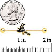 Load image into Gallery viewer, 14G Clear Gem Gold Tone Witch Hat Broom Industrial Barbell 38mm
