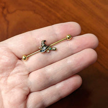Load image into Gallery viewer, 14G Clear Gem Gold Tone Witch Hat Broom Industrial Barbell 38mm
