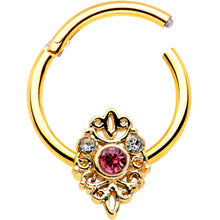 Load image into Gallery viewer, 16G 3/8 Pink Clear Gem Gold Tone Lace Love Hinged Segment Ring

