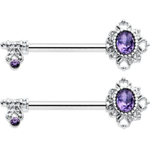 Load image into Gallery viewer, 14G 9/16 Purple Gem Unlock My Heart Key Barbell Nipple Ring Set

