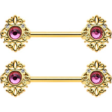 Load image into Gallery viewer, 14G 9/16 Pink Gem Gold Hue Open Lace Love Barbell Nipple Ring Set
