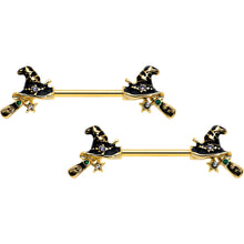 Load image into Gallery viewer, 14G 9/16 Clear Gem Gold Tone Witch Hat Broom Nipple Ring Set
