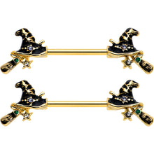 Load image into Gallery viewer, 14G 9/16 Clear Gem Gold Tone Witch Hat Broom Nipple Ring Set
