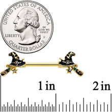 Load image into Gallery viewer, 14G 9/16 Clear Gem Gold Tone Witch Hat Broom Nipple Ring Set
