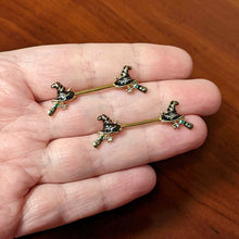 Load image into Gallery viewer, 14G 9/16 Clear Gem Gold Tone Witch Hat Broom Nipple Ring Set
