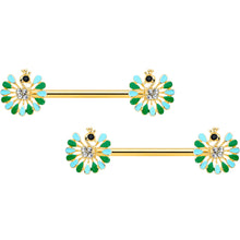 Load image into Gallery viewer, 14G 5/8 Clear Gem Gold Hue Pretty Peacock Barbell Nipple Ring Set
