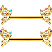 Load image into Gallery viewer, 14G 9/16 Clear CZ Gem Gold Tone Heart Butterfly Nipple Ring Set
