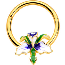 Load image into Gallery viewer, 16G 3/8 Clear Gem Gold Tone Iris Flower Hinged Segment Ring
