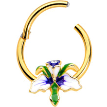 Load image into Gallery viewer, 16G 3/8 Clear Gem Gold Tone Iris Flower Hinged Segment Ring

