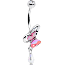 Load image into Gallery viewer, Clear Gem Heart Pink Butterfly Dangle Belly Ring
