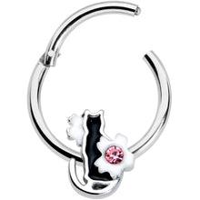 Load image into Gallery viewer, 16G 3/8 Pink Gem Black Cat White Flowers Hinged Segment Ring
