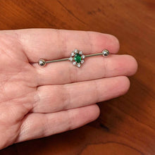 Load image into Gallery viewer, 14G Clear Green Gem Ornate Art Deco Industrial Barbell 38mm
