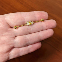 Load image into Gallery viewer, 14G Yellow Gem Gold Tone Duet Scroll Industrial Barbell 38mm
