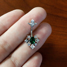 Load image into Gallery viewer, Green Clear Gem Ornate Art Deco Double Mount Belly Ring
