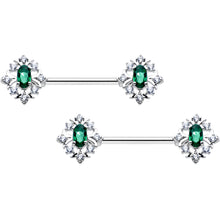 Load image into Gallery viewer, 14G 9/16 Clear Green Gem Ornate Art Deco Barbell Nipple Ring Set
