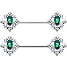 Load image into Gallery viewer, 14G 9/16 Clear Green Gem Ornate Art Deco Barbell Nipple Ring Set
