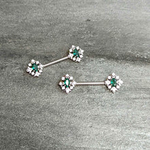 Load image into Gallery viewer, 14G 9/16 Clear Green Gem Ornate Art Deco Barbell Nipple Ring Set

