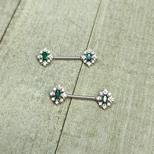 Load image into Gallery viewer, 14G 9/16 Clear Green Gem Ornate Art Deco Barbell Nipple Ring Set
