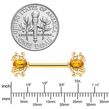 Load image into Gallery viewer, 14G 9/16 Yellow Gem Gold Hue Duet Scroll Barbell Nipple Ring Set
