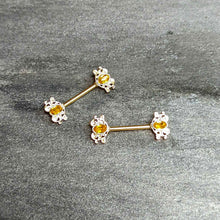 Load image into Gallery viewer, 14G 9/16 Yellow Gem Gold Hue Duet Scroll Barbell Nipple Ring Set
