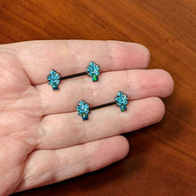 Load image into Gallery viewer, 14G 1/2 Green Synthetic Opal Black Fall Leaf Nipple Ring Set
