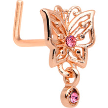 Load image into Gallery viewer, 20G 1/4 Pink CZ Gem Rose Gold Hue Geo Butterfly L Shape Nose Ring
