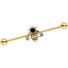 Load image into Gallery viewer, 14G Clear Black Gem Gold Tone Angular Bee Industrial Barbell 38mm
